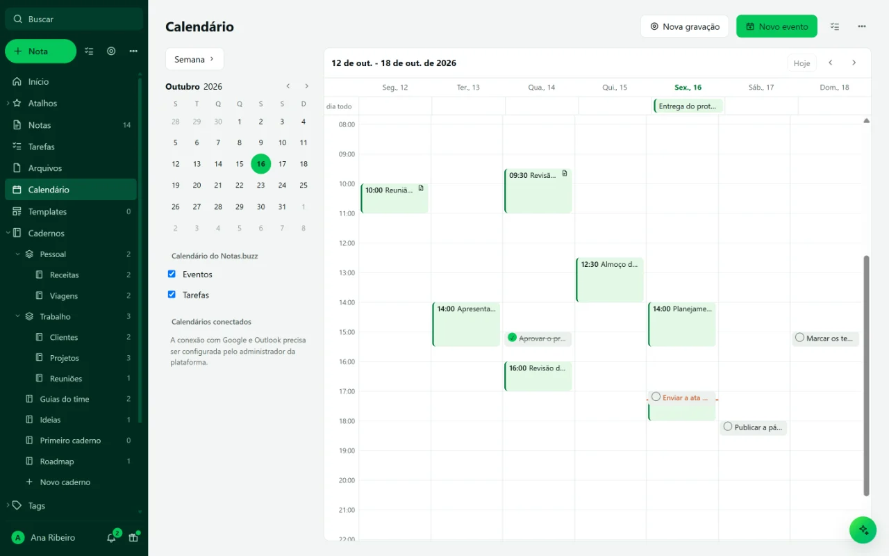 Calendário na visão de semana com reuniões, revisão de orçamento e almoço do time