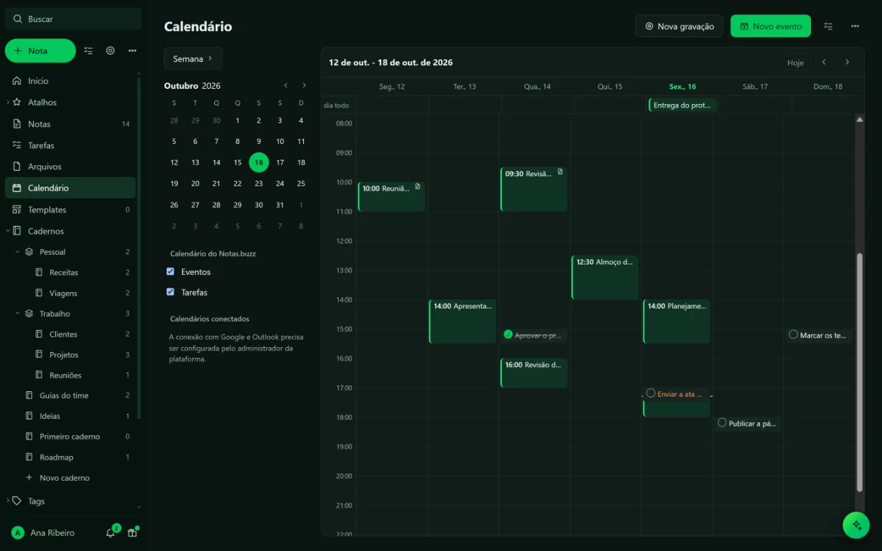 Calendário na visão de semana com reuniões, revisão de orçamento e almoço do time
