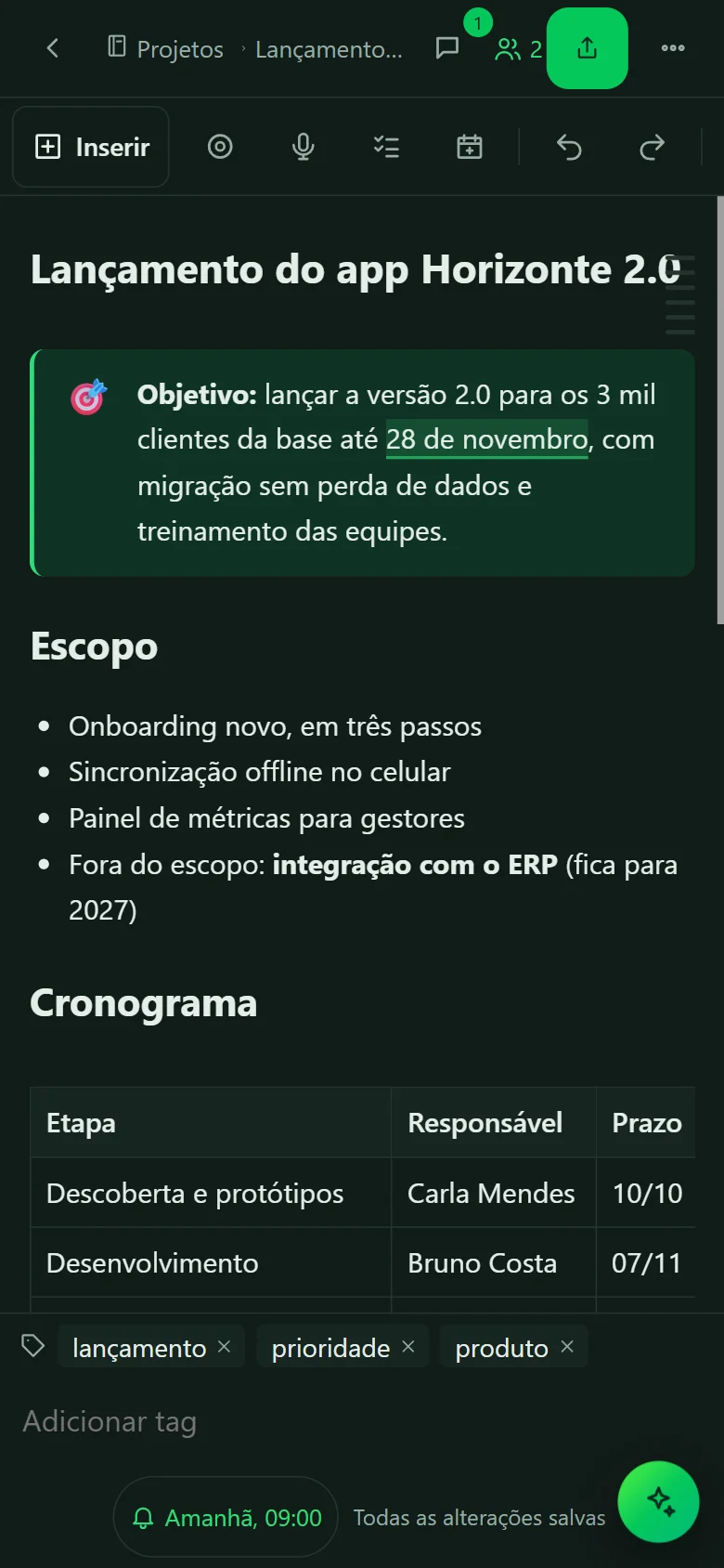 Nota de projeto aberta no celular, no modo escuro