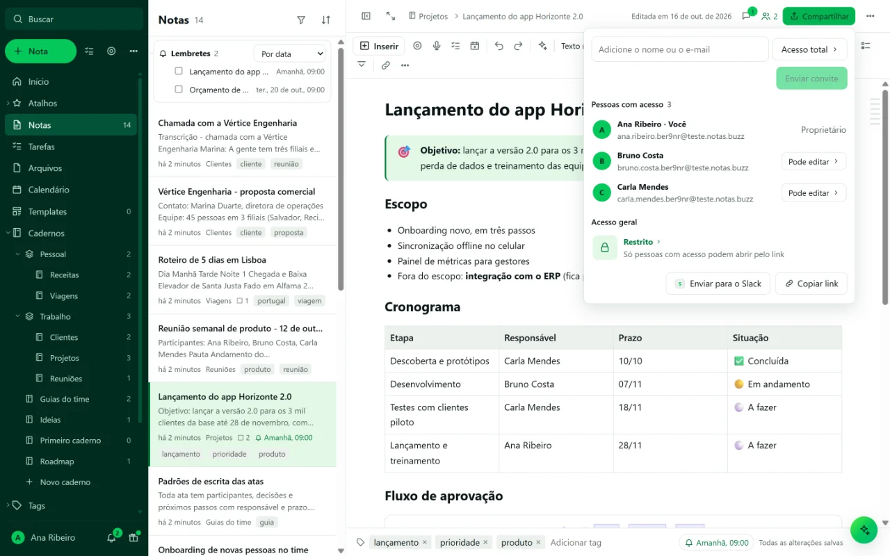 Janela de compartilhamento da nota com as pessoas que têm acesso e o nível de cada uma