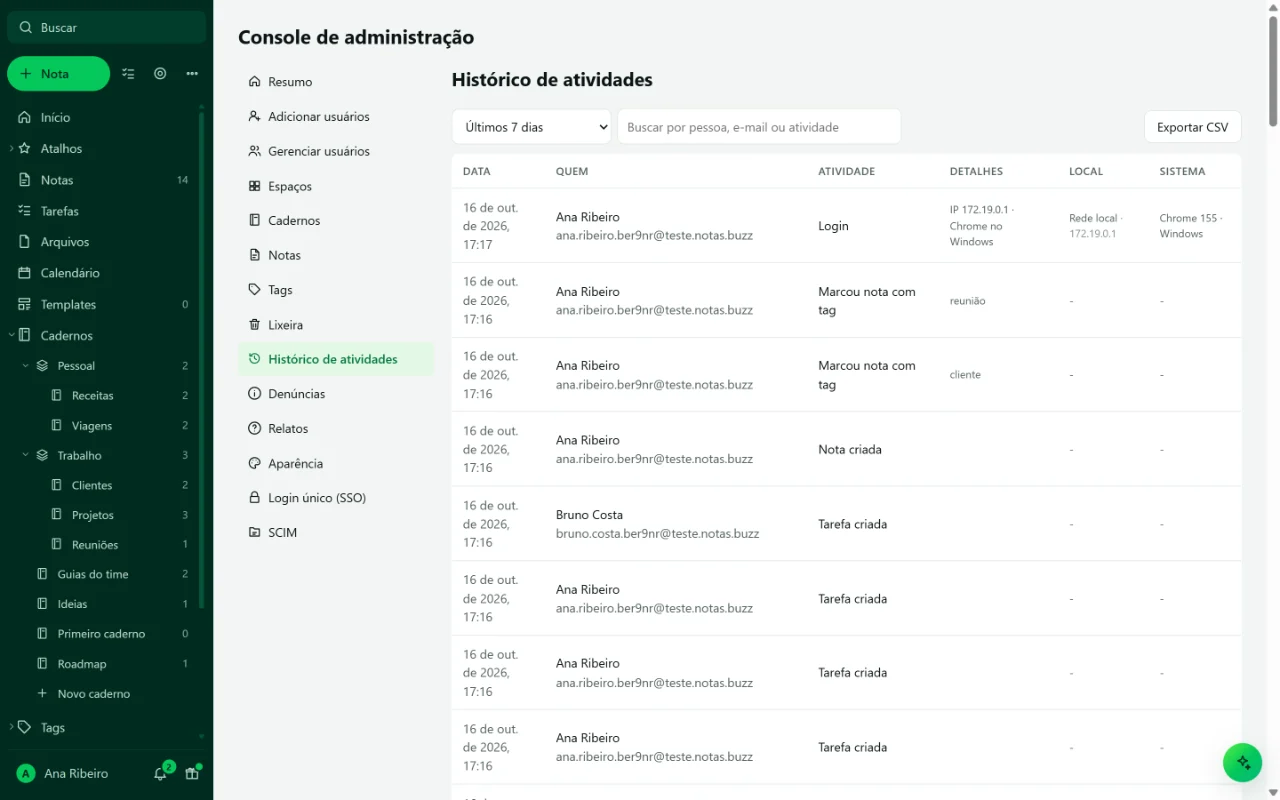 Console de administração no histórico de atividades, com data, pessoa, atividade, local e sistema