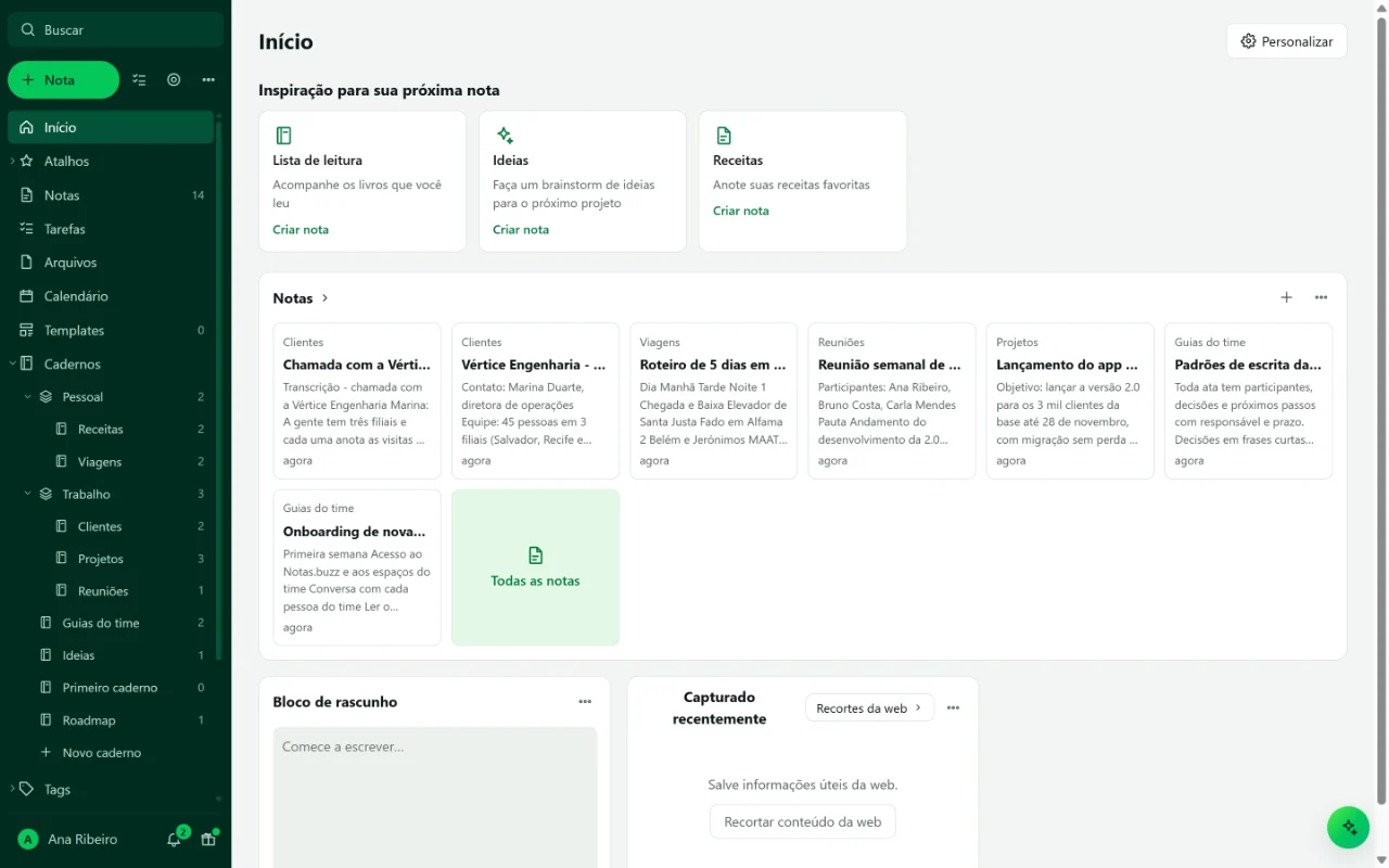 Tela inicial do Notas.buzz com as notas recentes, o bloco de rascunho e o menu com cadernos, tarefas e calendário